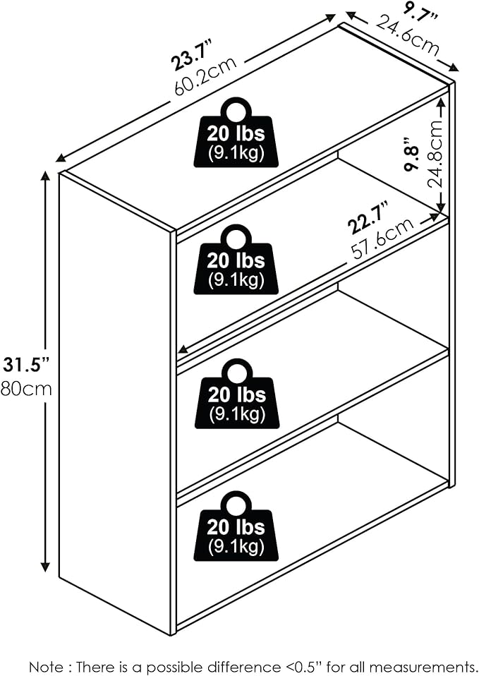 Furinno PASIR Book Shelf, 3-Tier Bookshelf, Storage Shelves Bookcase, 9.7 x 23.7 x 31.5, for Living Room, Bedroom, Home Office, Americano