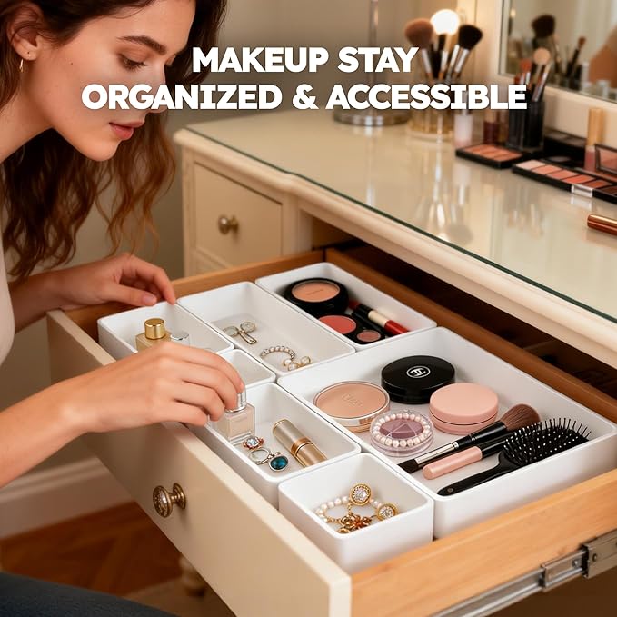 eazttouz 7 Pack Stackable Drawer Organizer Trays, Plastic Shallow Storage Bins for Bathroom Vanity, Desk Drawer, Kitchen, Makeup Organization, White (1XL+2L+2M+2S)
