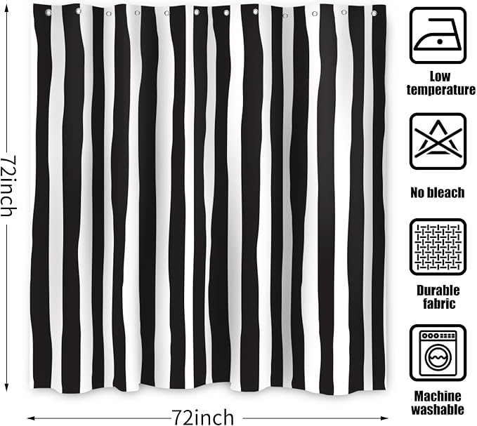 Black and White Shower Curtain, Striped Boho Minimalist Modern Waterproof Fabric Machine Washable for Bathroom Decor Bathtub with Hooks 72x72