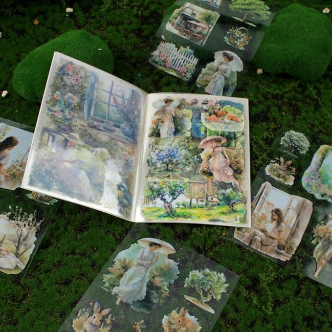 Dwpetzo Spring Landscape Pre-Cut Journal Sticker Book for Junk Journaling, Transparent PET Stickers for Scrapbook Supplies, Scrapbooking, Collage, Planners, Bujo, 20 Sheets