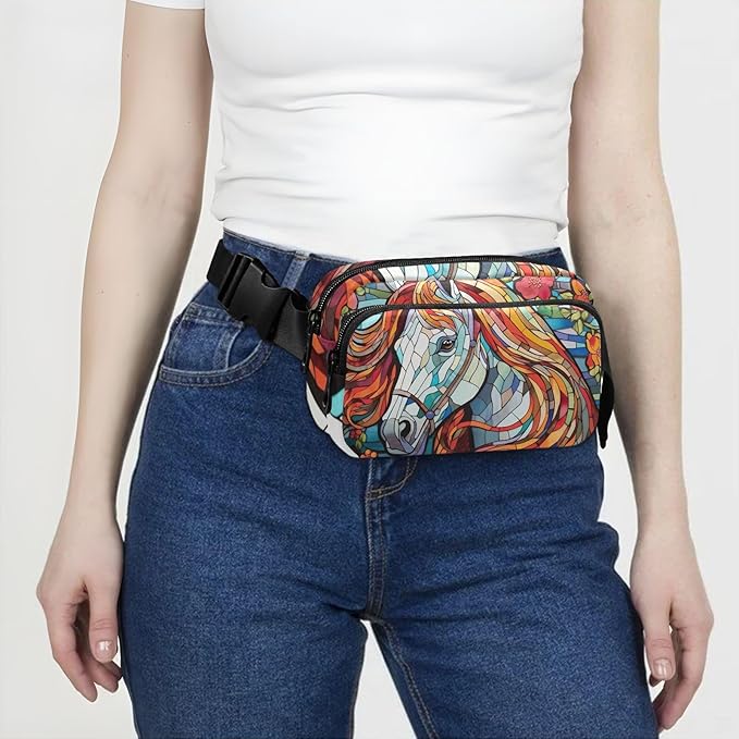 Mosaic Style Colorful Horse Fanny Pack for Women Men Water Resistant Fashion Waist Packs with Adjustable Strap Belt Bag for Travel Workout Jogging Hiking 21219651