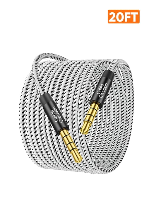 CableCreation 3.5mm TRRS Audio Cable 20FT, 4-Pole Aux Cord Male to Male Braided 1/8 inch Auxiliary Hi-Fi Stereo Jack Compatible with Headphone, Car, Speaker, Phone, Tablet, Laptop and More