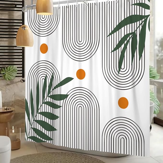 Boho Mid Century Shower Curtain Bohemian Minimalist Geometric Arch Sun Bathroom Curtain Sage Green Plant Polyester Shower Curtain Sets for Bathroom Extra Long 60x72 in with 10 Hooks