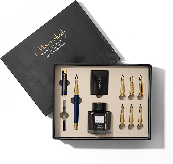 Ellington Pens Luxury Calligraphy Set - Premium Fountain Pen with 6 Nibs, 50 ml Black Ink Bottle, 6 Cartridges, Converter, Elegant Gift Box – Perfect for Drawing, Writing, Gifting (Midnight Rose)