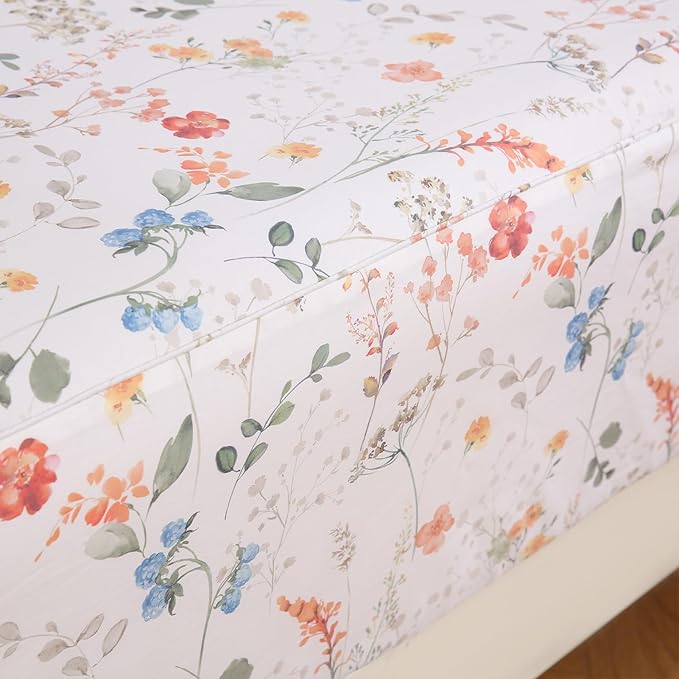 Zusbest Floral Bed Sheets Cal King Percale Cotton Orange Blue Flower Sheet Set Green Botanical Printed on White Patterned Deep Pocket Sheets, Crisp Soft Breathable for Hot Sleepers, California King