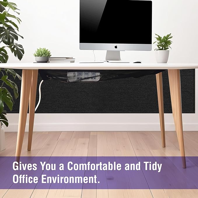 14.9 x 60 Inch Under Desk Privacy Panel with Table Cable Management Net Desk Skirt Modesty Desk Panel Self-Gripping Straps for Office and Home