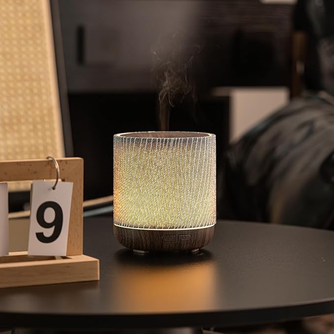 ZmarKraft Essential Oil Diffuser 7 fl oz 200ml with Fabric Cover and Night Lamp | Ultrasonic Aroma Diffuser | Humidifier w Lights | Room Decor | Small Humidifier for Bedroom | Gift (Dark Brown)