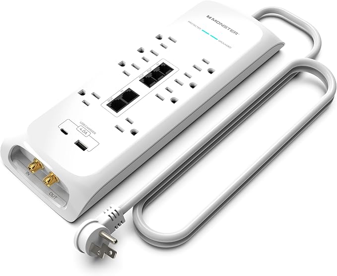 Monster Power Surge Protector w/ 4,050 Jules Rating — Heavy Duty Power Strips with Surge Protection, 8 Outlets, USB-A & USB-C, 2 Coax, 5 Ethernet Ports, Fireproof MOV, Dual Mode (6FT Cord, White)