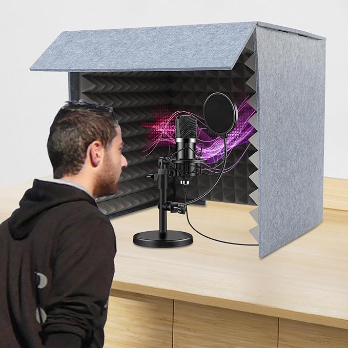 Portable Recording Isolation Booth, 60*60*60'' Desktop Soundproof Cover, Foldable Acoustic Soundproof Shield with Double-Layer Sponge & Polyester Panels for Home Studio Podcasting and Live Streaming