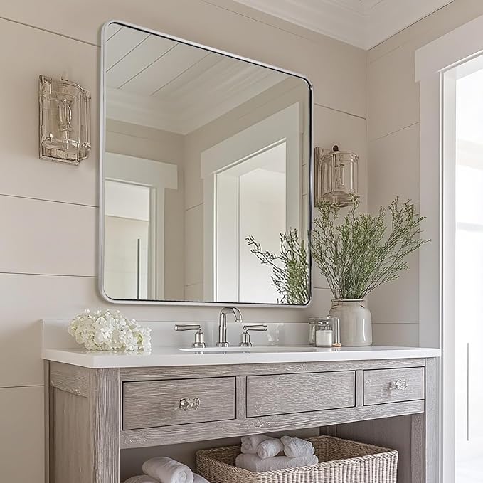 ANDY STAR 36x36 Inch Brushed Nickel Bathroom Mirror, Rounded Square Bathroom Vanity Mirrors for Wall, Anti-Rust SUS304, Seamless Tube Metal Frame, 1’’ Deep Wall Mounted Vertically/Horizontal