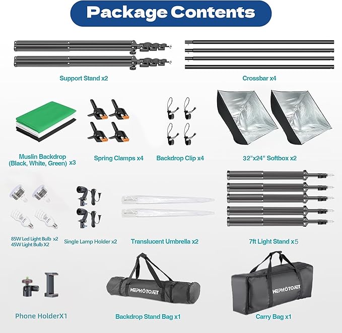 Photography Softboxes Kit with 8.5x10ft Backdrop Stands, 5 Tripod Stands, 3 Color Background Screen, Softbox with 85W Led Bulb, Photo Studio Equipment for Video Shoot, Product & Portrait