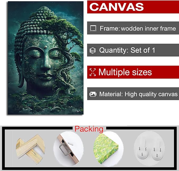 Buddha statue wall art canvas wall decor aesthetic picture mystical nature art for tranquil home and spiritual space 8x12in Wood Framed