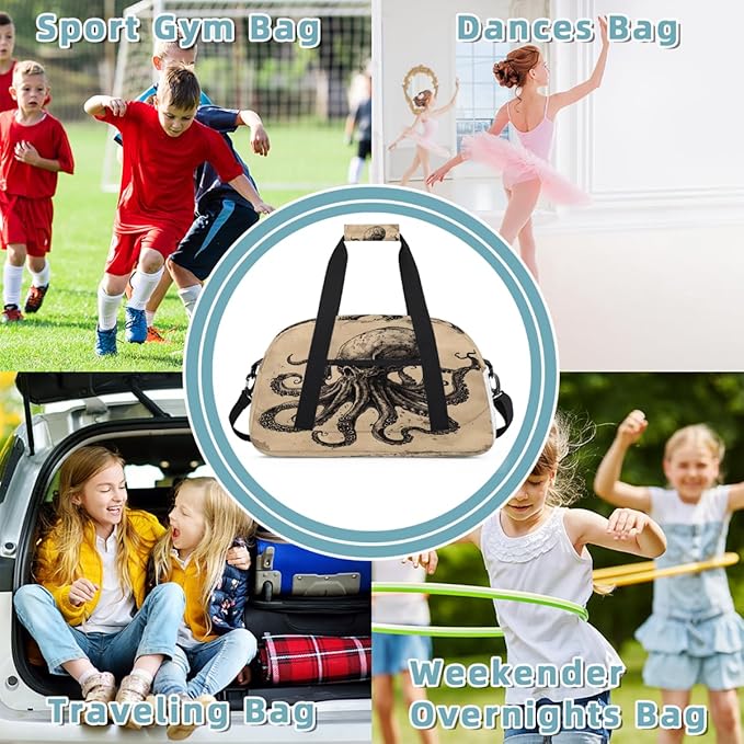Travel Duffle Bag for travel duffle bag sports Girls Boys Kids Octopus Retro Skyll Lightweight Overnight Sleepover Weekender Bags Small Dance Gym Sport Bag Teens Carry-On Size Workout Bag