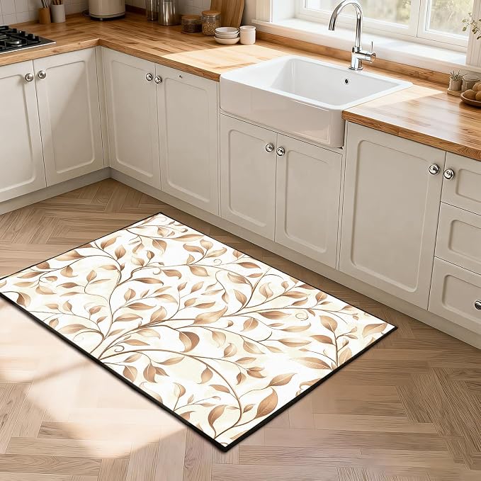 Botanical Leaf Vine Area Rug Beige Floral Branch Print Rug for Entryway Bedroom Living Room Kitchen Home Decor Non-Slip Washable Floor Mat Modern Farmhouse Carpet,2'x3'