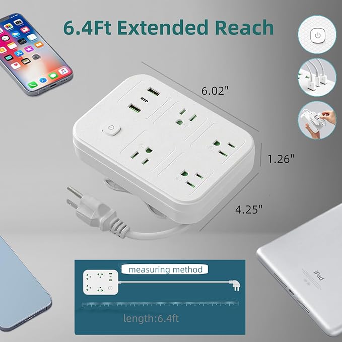6Ft Extension Cord with Multiple Outlets, Surge Protector Power Strip 4 AC Outlet s & 3 USB Ports Dual Voltage Multi Plug Outlet Extender for Home, Office, Dorm Room Essentials, White