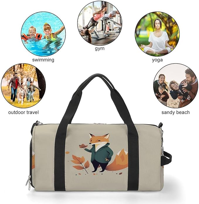 Oxford Cloth A Cartoon Fox Gym Bag,Duffle Bag with Shoes Compartment And Adjustable Shoulder Straps,Weekender Bags for Men Women.