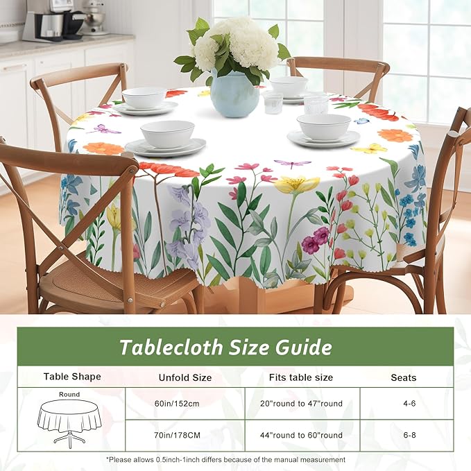 Eikione Round Tablecloth 60inch,Tablecloth Waterproof and Wrinkle-Free, Wild Flower Rustic Table Covers, Summer Decorations for Home