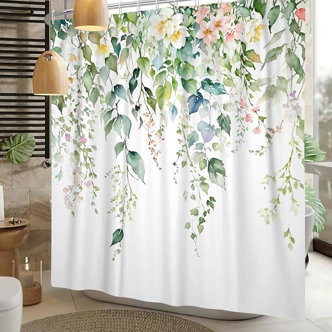 Sage Green Eucalyptus Shower Curtain Watercolor Botanical Floral Leaves Shower Curtain Set Spring Nature Bathroom Decor with 12 Hooks,72x78 Inches