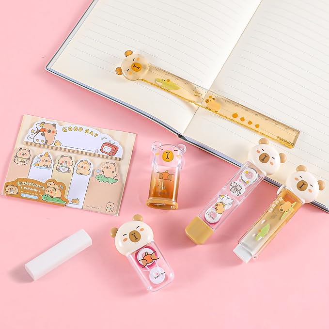 Kogcmeetl 7Pcs Cute Capybara Stationary Set Kawaii School Supplies Japanese Stationery, Includes Pencil Sharpener, Eraser, Correction Tape, Glue Tape, Sticky Notes, Ruler, for Office School Supplies
