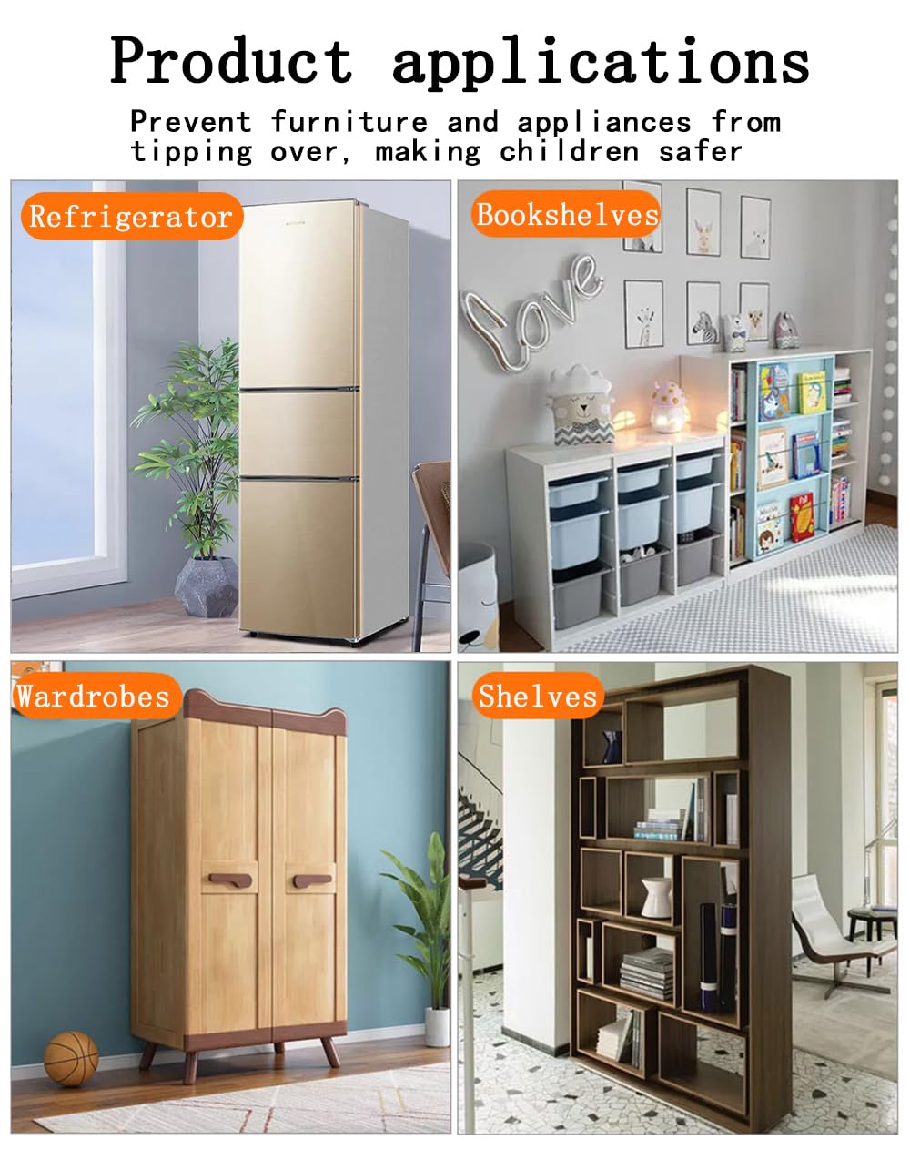 Furniture Anchors 2 Pairs No Drill Heavy Duty Anchors Fridge Lock Adjustable Self-Adhesive Safety Anti Tip Straps for Baby Proofing 220lbs Tension Earthquake Resistant Metal Straps Prevent Falling