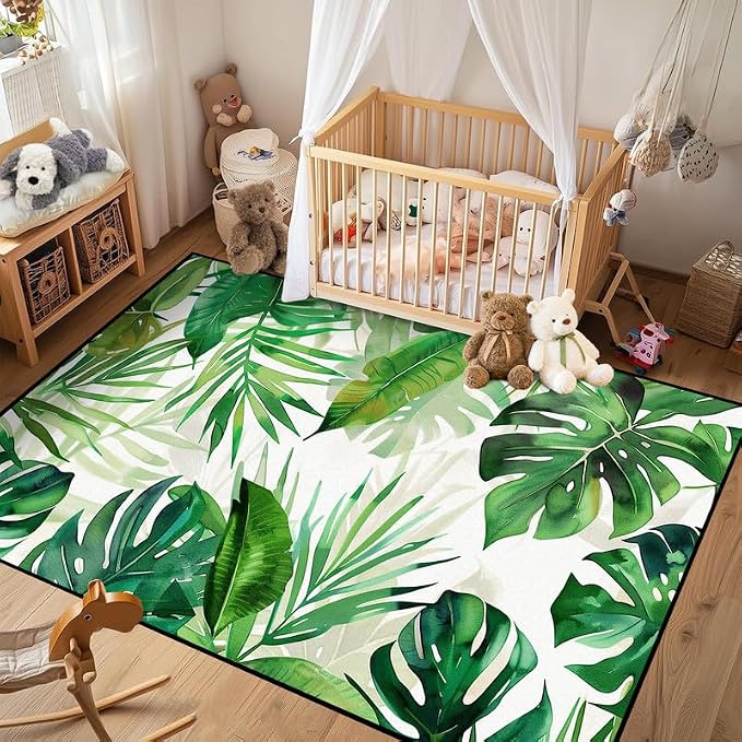 5'x7' Tropical Palm Leaf Rug Monstera Banana Leaves Floor Mat for Bedroom Living Room Nursery Playroom Classroom Home Decor Washable Low Pile Green Botanical Area Rug