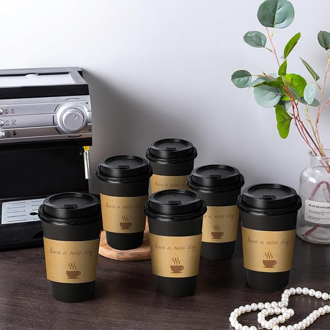 Lamosi 16 OZ Coffee Cups 500 Pack with Lids, Stir Sticks and Sleeves, Disposable Hot Paper Cup for Home, Travel, Office
