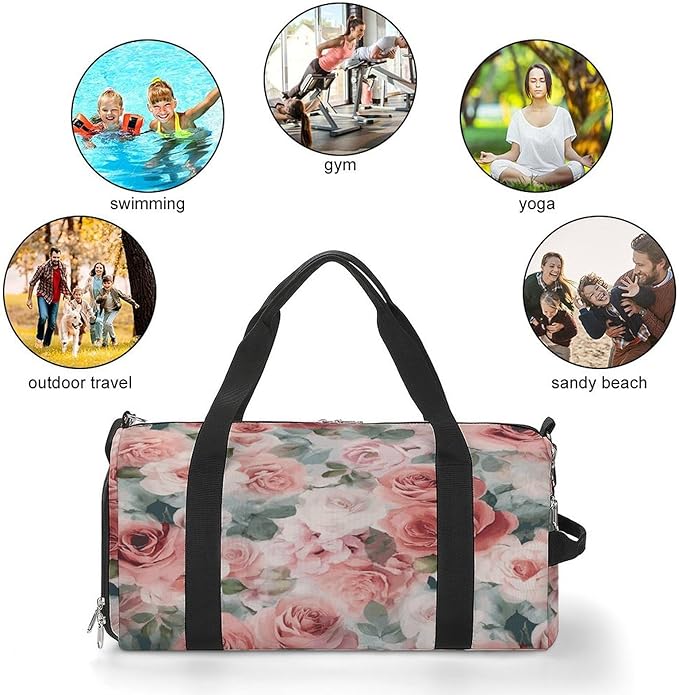 Soft Color Pale Faded Mix of Roses Gym Bag Lightweight ,Travel Duffle Bag with Shoe Compartment,Gym Bag for Women for Overnight, Weekend, Yoga, Gym, Business Trips, Sport And Hospital.