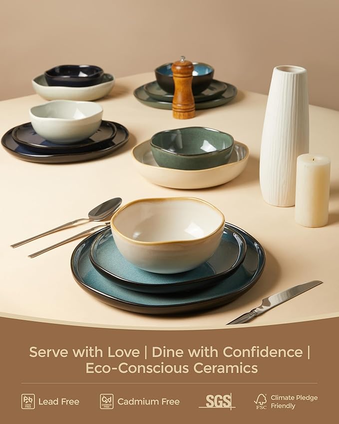 Pokini 24 Pieces Dinnerware Set for 6 with Pasta Bowls, Complete Ceramic Dish Set, Stackable & Glossy Stoneware Plate and Bowl Set for Effortless Everyday Hosting, Yellow White