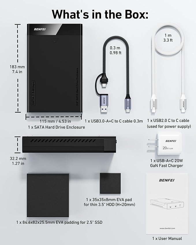 BENFEI 3.5/2.5 Inch SATA HDD/SSD Enclosure, Tool-Free Design, Supports 20TB HDD & UASP
