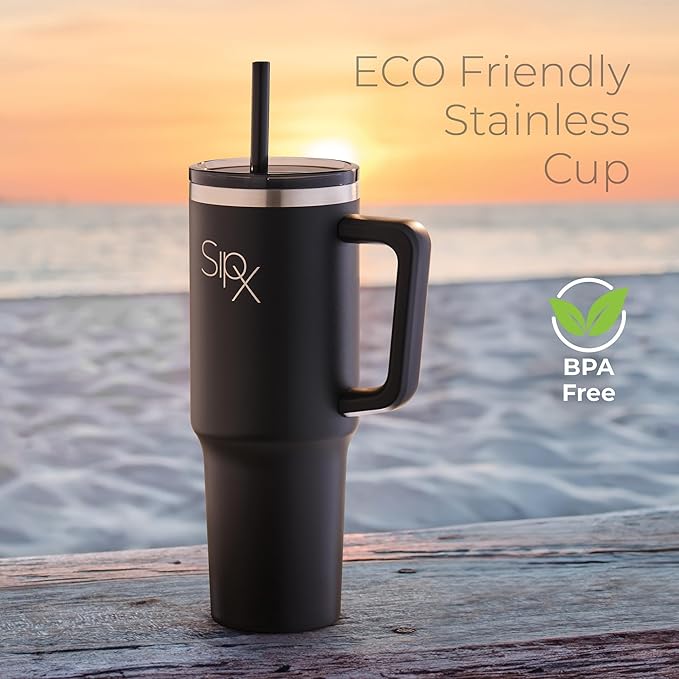 SIPX™ 40 oz Insulated Tumbler with Handle & Straw – Vacuum Insulated Stainless Steel, Leakproof, Cupholder Friendly – Perfect for Iced Coffee, Water & Travel – Black