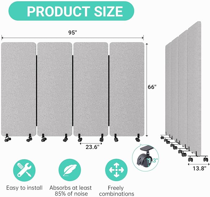 Soundproof Room Divider W/Wheels, 66in Office Dividers for Sound Proofing & Reducing, Sound Proof Dividers for Office Partitions Portable Acoustic Wall Divider (Cool Grey, 4 Panel-95''Wide)