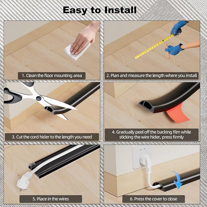 Kneelisa 4FT Side-Open Extension Cord Covers for Wires on Floor,Silicone Power Cable Protector Cord Hider Management Strip,Hide Electric Wire on Carpet,Chord Runner Protective Safety Wiremold,Black