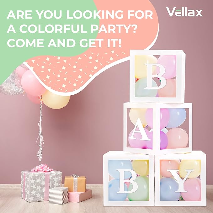 Baby Shower Boxes with Letters – White Boxes with Pastel Pink, Blue, Yellow, and Green Balloons – 44-Piece Gender Reveal & Party Decoration Set by Vellax