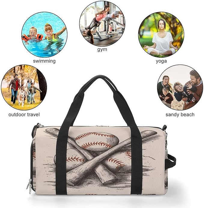 Oxford Cloth Hand Drawn Baseball Bats And Ball Gym Bag,Duffle Bag with Shoes Compartment And Adjustable Shoulder Straps,Weekender Bags for Men Women.