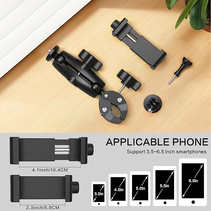 Taisioner Super Camera Clamp Mount 3.6" Socket Arm 360°Ball Head Magic Arm 1/4" Thread for Canon Nikon/Digital Camera/DSLR/Gopro/Insta360/LED Light(Gopro Adapter,Phone Holder)