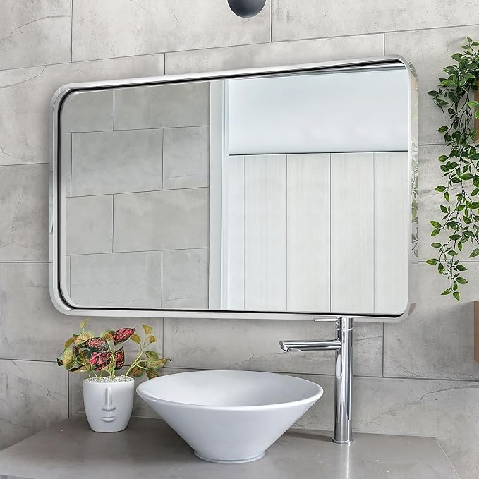ANDY STAR Chrome Mirrors for Bathroom, 24x40’’ Chrome Rounded Rectangle Mirror Stainless Steel Metal Tube Framed (Anti-Rust), Wall-Mounted Horizontal/Vertical