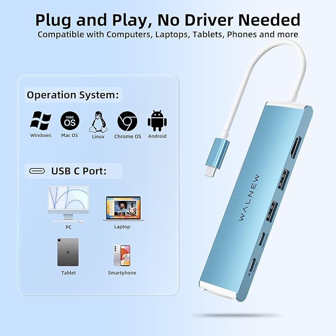 WALNEW 7 in 1 USB-C Hub with 4K HDMI,100W PD,5Gbps Data Port(1 Type-C & 2 USB 3.0),SD/TF Reader, Thunderbolt 4 Dock Multiport Adapter for MacBook Pro Air,Mac,iPad 10/Mini 6,Surface (Blue)