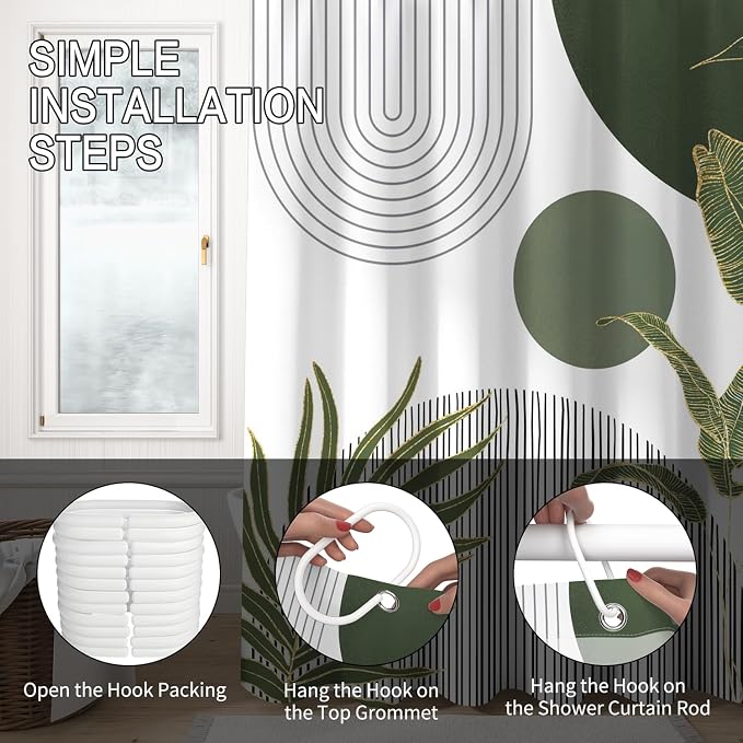 Mid Century Boho Shower Curtain, Abstract Modern Sun Minimalist Aesthetic Shower Curtain, Bohemian Geometric Arch Curve Leaves Neutral Art Fabric Bathroom Curtains Sage Green 48x72 inch