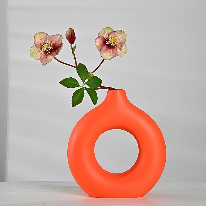 Modern Donut-Shaped Decorative Vases, Handmade Minimalist Boho ins Style, Modern Vase for Home Decor for Wedding Dinner Table Party Living Room Office Bedroom (Orange, Small)