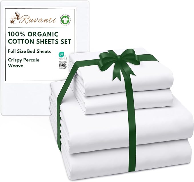 RUVANTI 100% Organic Cotton Sheets Full Size, Percale Weave, GOTS Certified, 4-Piece Set, Deep Pocket 15", Crisp & Breathable, Soft Durable Bedding, Sábanas Algodón Orgánico – Bright White