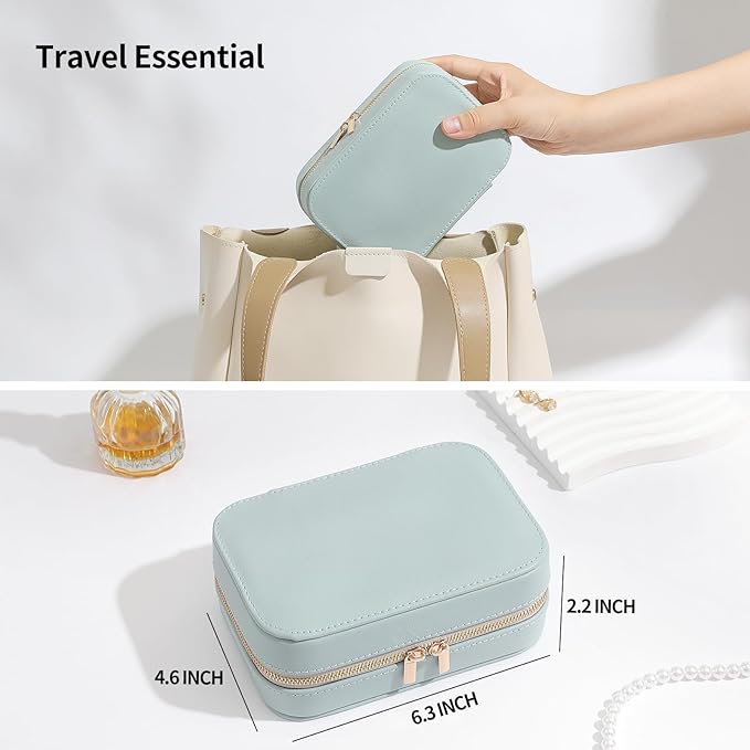 Genuine Leather Travel Jewelry Organizer Case with Mirror for Women, Small Mini Portable Jewelry Box for Ring Earrings Necklace Bracelet Luxury Gift for Women(Light Blue)