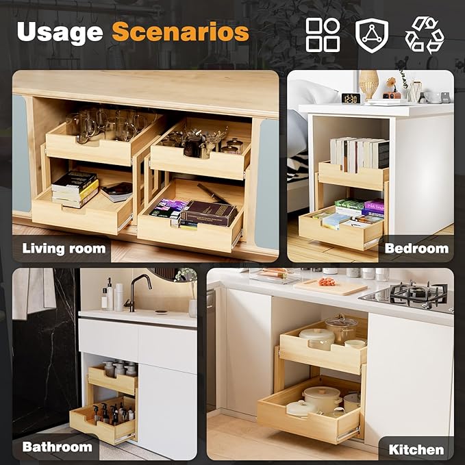 Gsskny Pull Out Cabinet Organizer, 26''W×21''D Sliding Drawers for Cabinets, 2 Tier Soft Close Slide Out Wooden Pull out Drawers, Base Cabinet Organization for Kitchen, Pantry, Bathroom