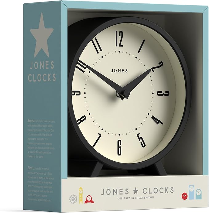 JONES CLOCKS® Venus Desk Clock | Modern Round Design | Black | Stylish Retro Look for Shelf, Table, Mantel or Bedside