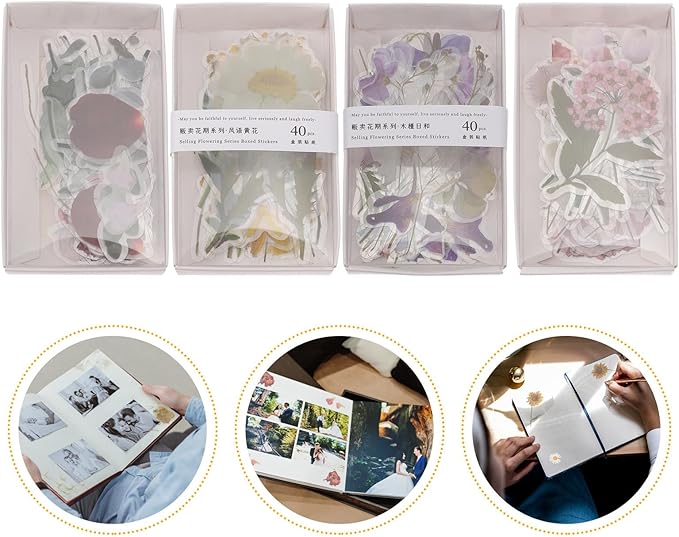 HANABASS 4Pcs Creative Floral Scrapbook Stickers Set, DIY Journal Decals for Crafts and Handmade Album Decoration, Mixed Flower Designs for Scrapbooking and Stationery Enthusiasts