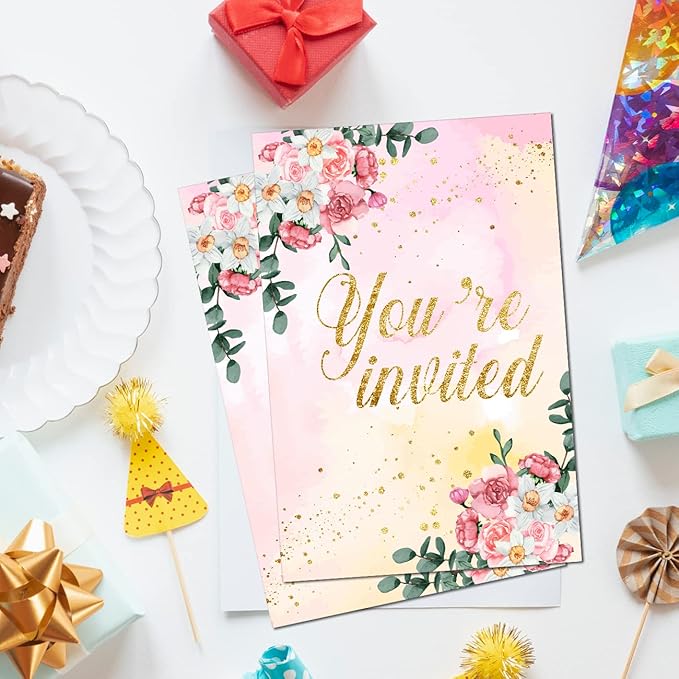 Soiceu Floral Gold Foil Sweet Sixteen Birthday Party Invitations with Envelopes Set of 20 Gold Glitter Pink Flowers Sweet 16 16th Birthday Party Invites