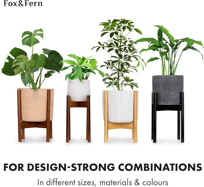 Fox & Fern Mid Century Plant Stand — 11.8 Inch Fixed Size Wooden Plant Stand for Indoor Planters (Not Included) - Large Flower Pot Holder for Indoor Big Pots - Plug In Design - Two Heights - Acacia