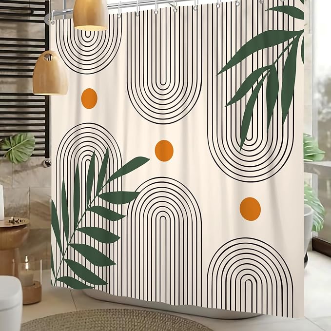 Boho Mid Century Shower Curtain Bohemian Minimalist Geometric Arch Sun Bathroom Curtain Sage Green Plant Polyester Shower Curtain Sets for Bathroom Extra Long 72x84 in with 12 Hooks