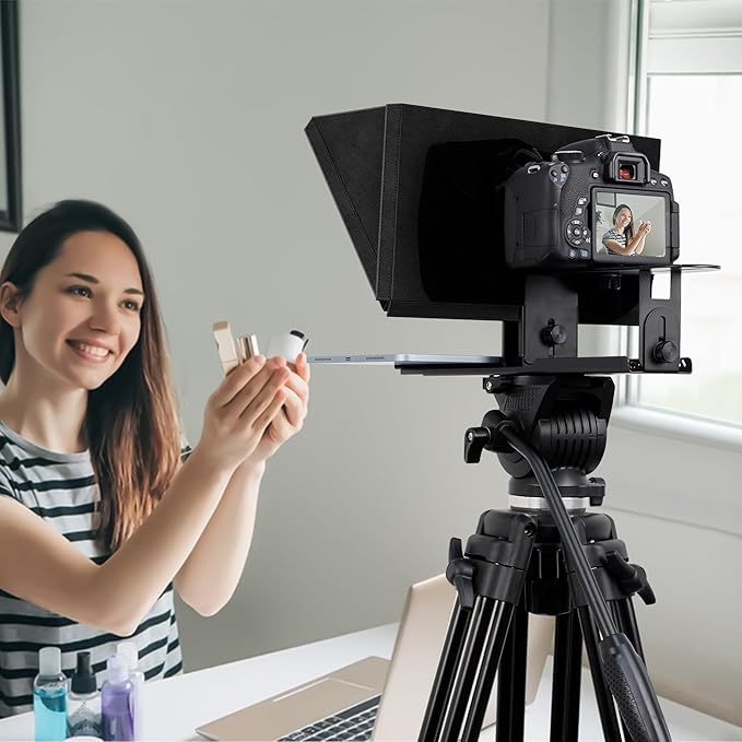 i2/12-inch professional teleprompter, tempered optical glass, all-metal structure, equipped with remote control and dedicated app, compatible with a wide range of devices