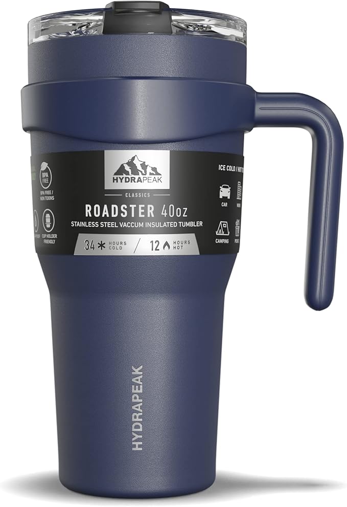 Hydrapeak Roadster 40oz Stainless Steel Tumbler Double Wall Vacuum Insulated Water Bottle With Handle And 2 in 1 Straw Lid (Navy)
