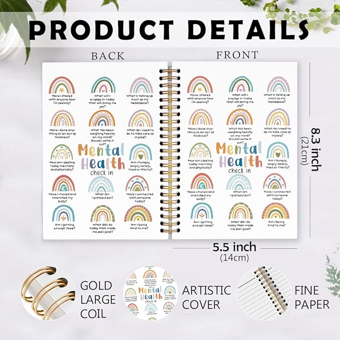 dvhdajed Boho Rainbow Mental Health Spiral Notebook, Mental Health Therapy Journaling Notebooks, Self Care Journal Notebooks for Women psychologist, Boho Therapy Office School Supplies Gifts, 5.5x8.3